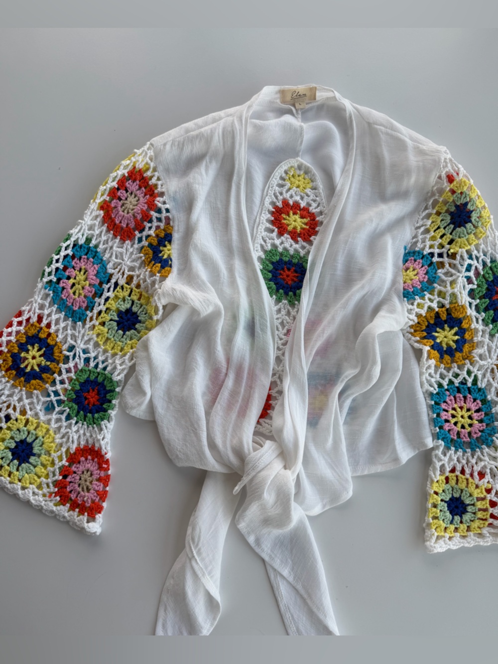 Elan White Sheer Tie-Front Blouse with Multicolor Crochet Sleeves